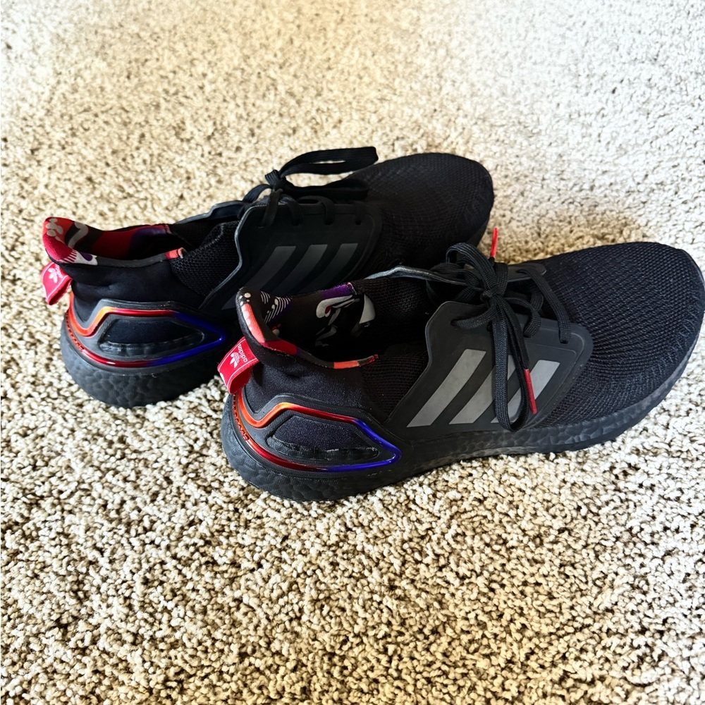 Adidas Black Sneakers with Red and Purple Highlights